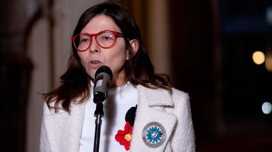 Economy Minister Silvina Batakis talks to the press after her swearing-in ceremony at the Casa Rosada in Buenos Aires on July 4, 2022.