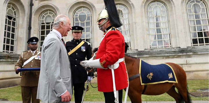 El Príncipe Carlos de Gran Bretaña, Príncipe de Gales, presenta la Medalla del Jubileo de Platino y la Medalla de la Operación Newcombe a la Mascota del Regimiento de la 1ra Guardia de Dragones de la Reina. Ashley Crowden /AFP.