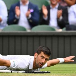 El serbio Novak Djokovic reacciona mientras se acuesta en el césped durante su partido de tenis de cuartos de final de individuales masculinos en el Campeonato de Wimbledon 2022. SEBASTIEN BOZON / AFP. | Foto:AFP