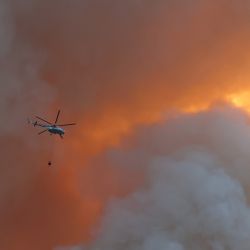 Esta fotografía muestra un helicóptero de extinción de incendios que transporta agua sobre un incendio forestal declarado en el distrito de Datça de Mugla, Turquía. | Foto:ADEM ALTAN / AFP