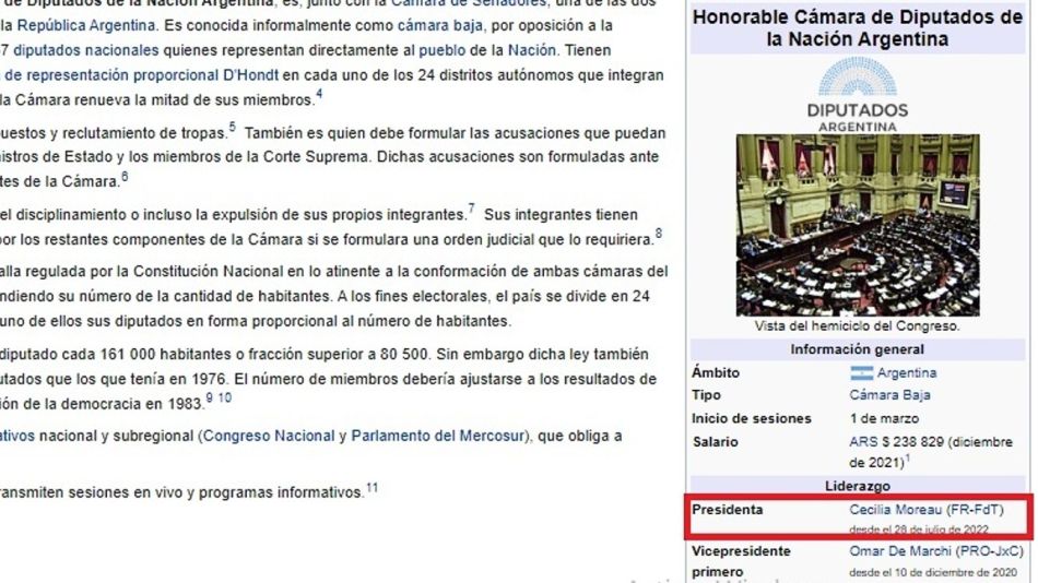 En Wikipedia el nombre de Cecilia Moreau aparecía este viernes 29 de julio ya como titular de la Cámara de Diputados.