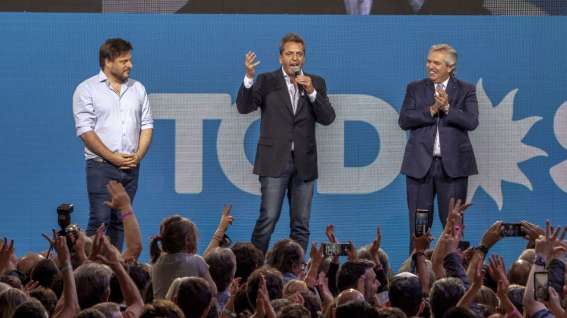 Sergio Massa, Congress' Lower House President, center, speaks during an election night rally at the Frente de Todos party headquarters in Buenos Aires, Argentina, on Sunday, Nov. 14, 2021. Argentina’s ruling coalition was defeated in the country’s midterm elections on Sunday, and it’s poised to lose its Senate majority in a setback for the government at a time it faces a wrecked economy.