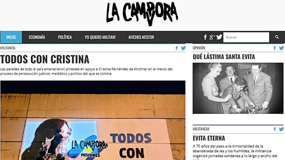 La web de La Cámpora, este jueves 4 de agosto, cuestionando el tono de "Santa Evita", la serie de Natalia Oreiro en Star+.