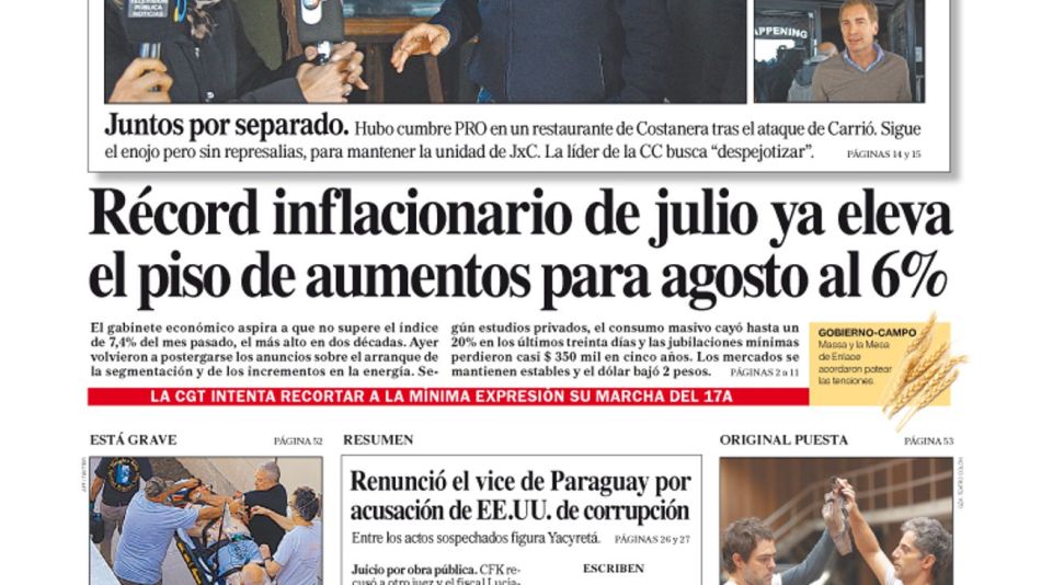 La tapa del Diario PERFIL del sábado 13 de agosto de 2022