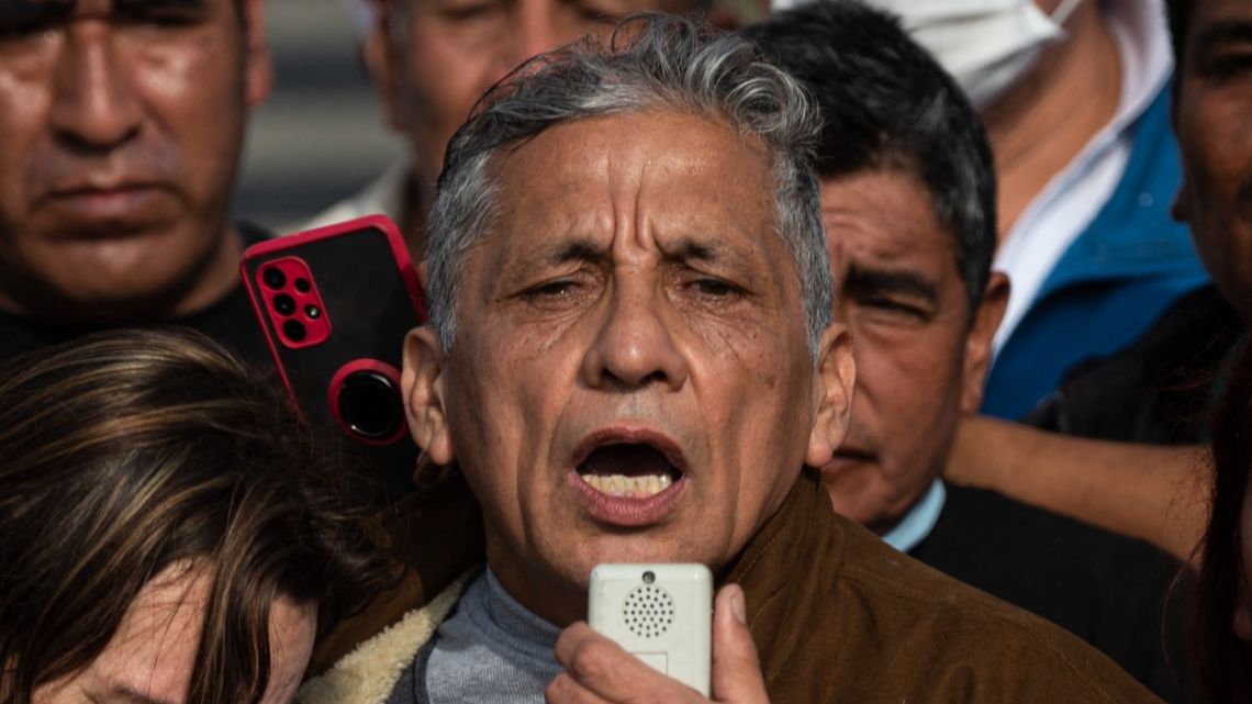 Former Army Major Antauro Humala, brother of former Peruvian President Ollanta Humala, speaks to the press after his release from the Piedras Gordas II prison in Ancon, Peru, on August 20, 2022. Humala, brother of former President Ollanta Humala (2011-2016), was released early this Saturday after 17 years in prison for a rebellion that left six dead in 2005, and intends to be a presidential candidate.