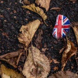 Una bandera de la Unión se ve entre hojas marrones en un pavimento en el este de Londres. Después de meses de precipitaciones bajas récord y temperaturas altas sin precedentes. Ben Stansall / AFP. | Foto:AFP