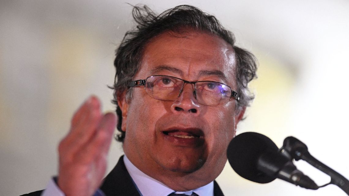 Colombia's President Gustavo Petro delivers a speech during a ceremony to appoint Ivan Velasquez as the new Defence Minister at the Jose Maria Cordova Military School in Bogota, on August 20, 2022. Petro has named a former guerrilla comrade as the conflict-wracked South American country's intelligence chief.