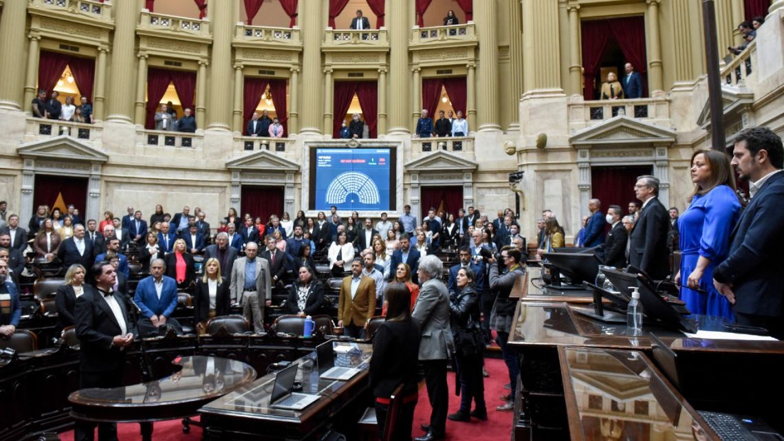 Handout picture released by the lower house Chamber of Deputies showing deputies holding a special session rejecting the attack against Vice-President Cristina Fernández de Kirchner, at the Congress in Buenos Aires on September 3, 2022. 