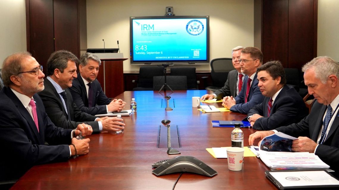 Handout photo shows Argentina's Economy Minister Sergio Massa (second from left) during a meeting with US Principal Deputy Assistant Secretary of State for Western Hemisphere Affairs Ricardo Zúniga (second from right) and US Deputy Assistant Secretary of State for Western Hemisphere Affairs Mark Wells (third from right) in Washington, on September 6, 2022. Among those also pictured: Argentina's Ambassador to the United States Jorge Argüello and US Ambassador to Argentina Marc Stanley.
