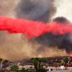 Un avión de bomberos lanza retardante de fuego mientras el Fairview Fire arde cerca de las casas de la ladera cerca de Hemet, California. El incendio de matorrales de 4,500 acres ha dejado dos muertos y ha obligado a miles de personas a evacuar mientras destruye varias casas en medio de una intensa ola de calor en el sur de California. | Foto:Mario Tama/Getty Images/AFP