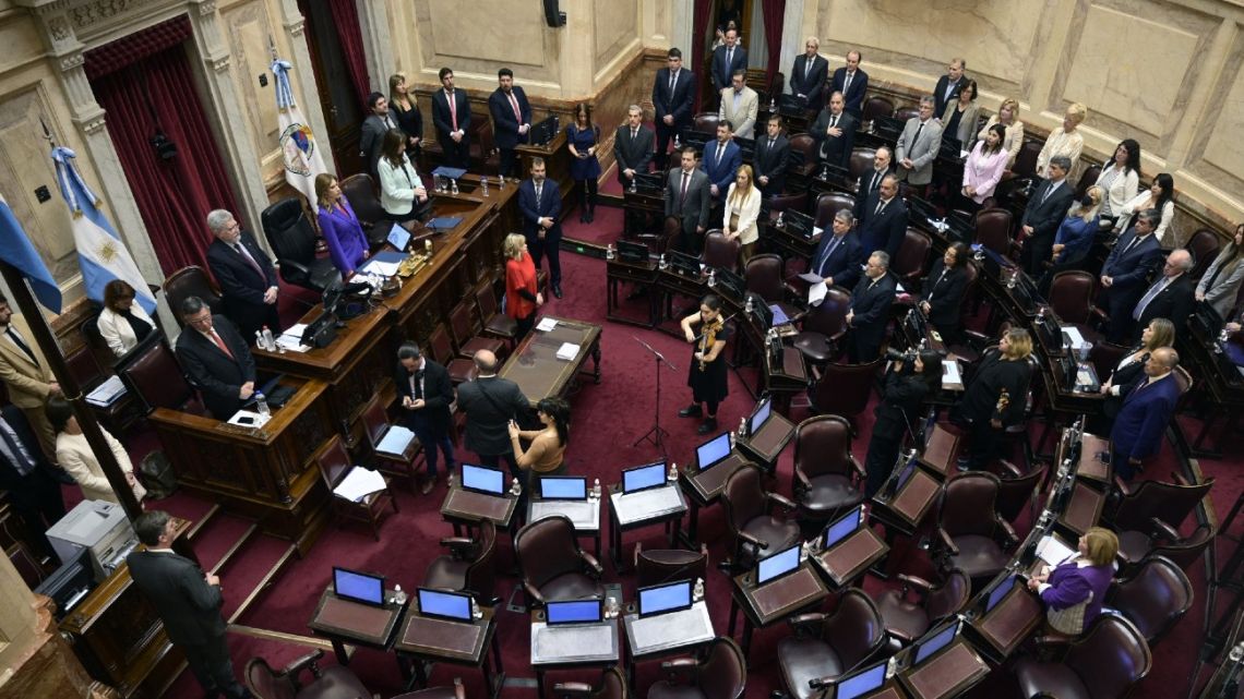 Provisional President of the Senate, Claudia Ledesma Abdala, leads a session in repudiation of Vice-President Cristina Fernández de Kirchner's attack, without opposition senators, at Congress on September 8, 2022. 