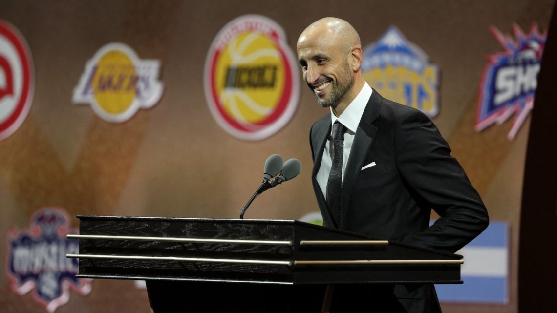 Hall of Fame Inductee Manu Ginóbili speaks to the audience during the 2022 Basketball Hall of Fame Enshrinement Ceremony on September 10, 2022 at Symphony Hall in Springfield, Massachusetts. 