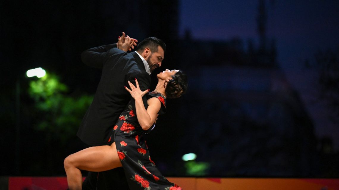 Dancers Ricardo Astrada and Constanza Vieyto compete during the World Tango Championship final in Buenos Aires on September 17, 2022. 
