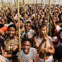 Doncellas zulúes se reúnen durante la Umkhosi Womhlanga (danza de la caña) anual en el Palacio Real de Enyokeni, en Nongoma, Sudáfrica. | Foto:RAJESH JANTILAL / AFP
