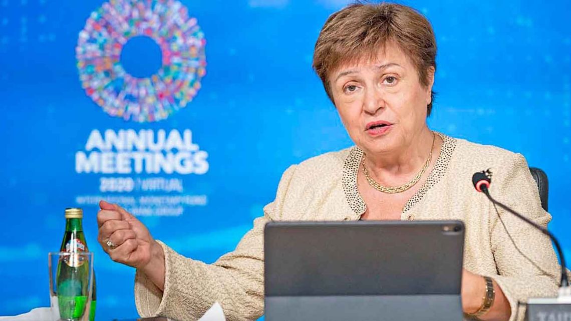 IMF Managing Director Kristalina Georgieva delivers an address at the organization's annual meeting. 