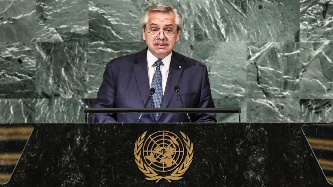 President Alberto Fernández addresses the General Assembly at the United Nations on September 20, 2022 in New York City. 