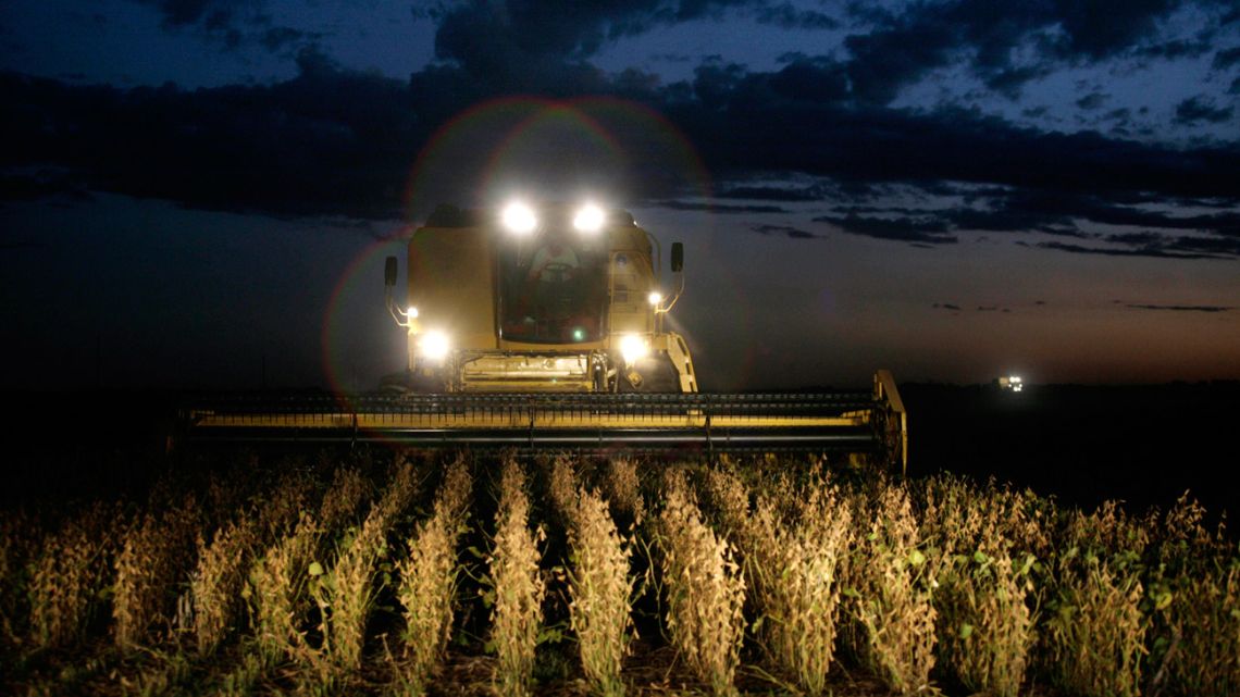 Farmers in Buenos Aires Province harvest soybeans.