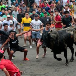 La gente huye de un toro durante las celebraciones de apertura de la tradicional fiesta de San Jerónimo en Masaya, Nicaragua. | Foto:Oswaldo Rivas / AFP