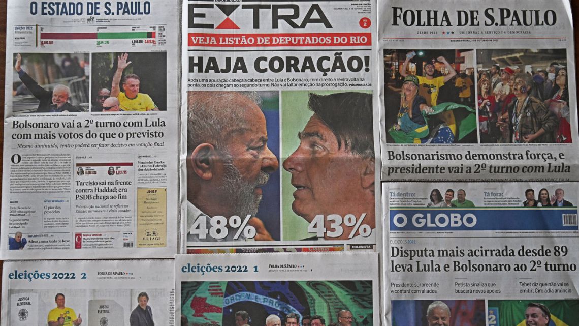 National newspapers report on the results of Brazil's legislative and presidential election, the morning after the nationwide vote in Brazil, in Rio de Janeiro, on October 3, 2022.