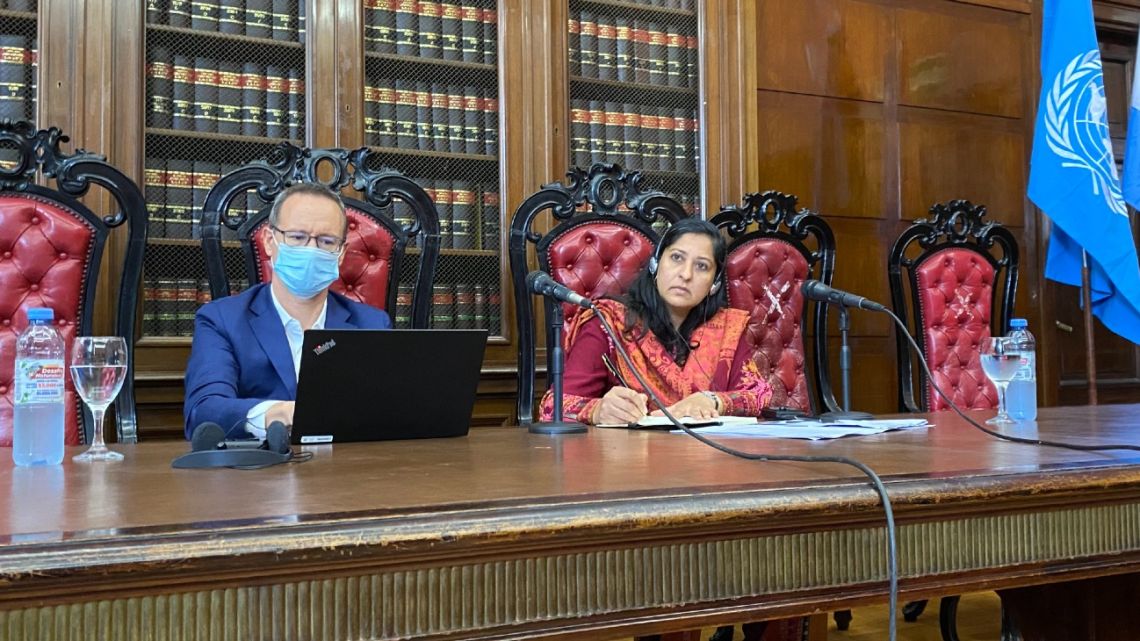 Attiya Waris, the UN Independent Expert on foreign debt, international financial obligations and human rights, speaks at a press conference in Buenos Aires