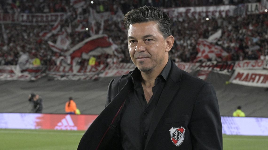 River Plate's coach Marcelo Gallardo gestures during the Argentine Professional Football League match against Platense at the Monumental stadium in Buenos Aires.