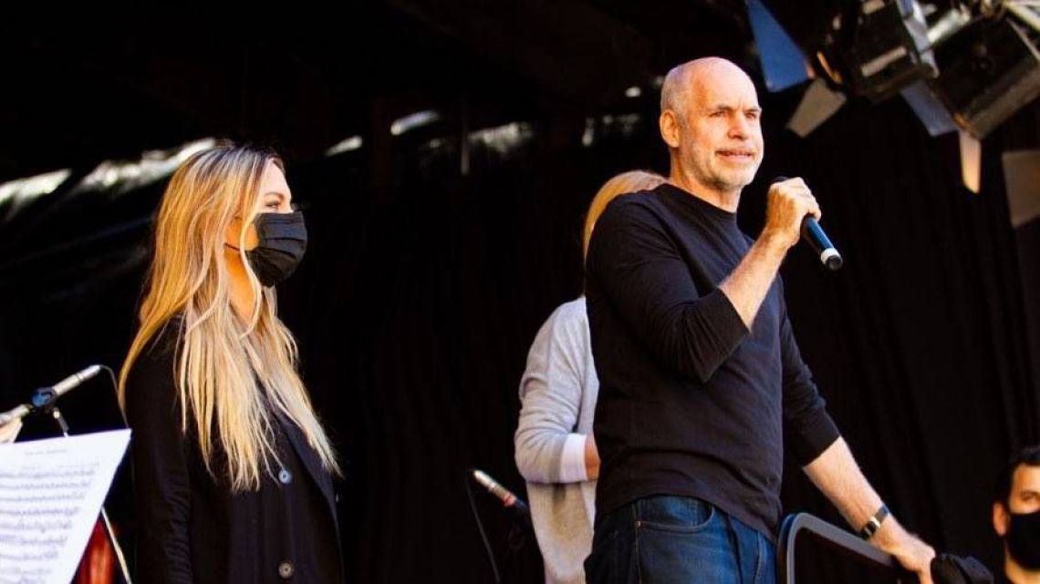 Horacio Rodríguez Larreta and Milagros Maylin, pictured onstage at an event in Buenos Aires.