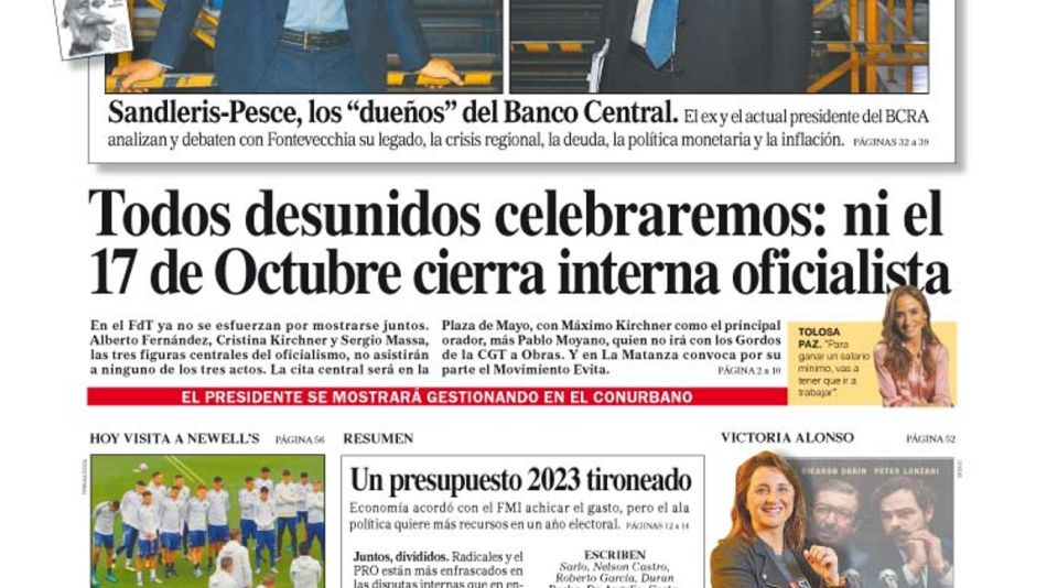 La tapa del Diario PERFIL de este domingo 16 de octubre de 2022