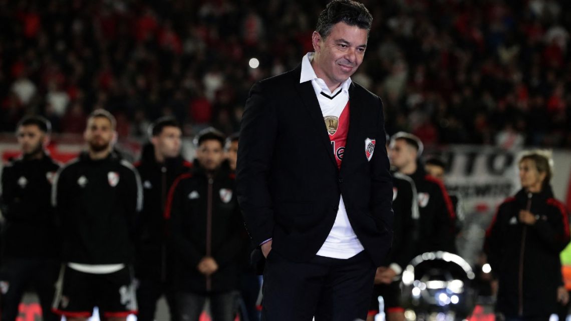 River Plate's coach Marcelo Gallardo looks on during his farewell event after the Argentine Professional Football League Tournament 2022 match between River Plate and Rosario Central at the Monumental stadium in Buenos Aires, on October 16, 2022.