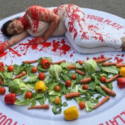 Activistas de una organización social posan en un cartel gigante que se asemeja a un plato de comida para promover el veganismo en Calcuta, India. | Foto:DIBYANGSHU SARKAR / AFP