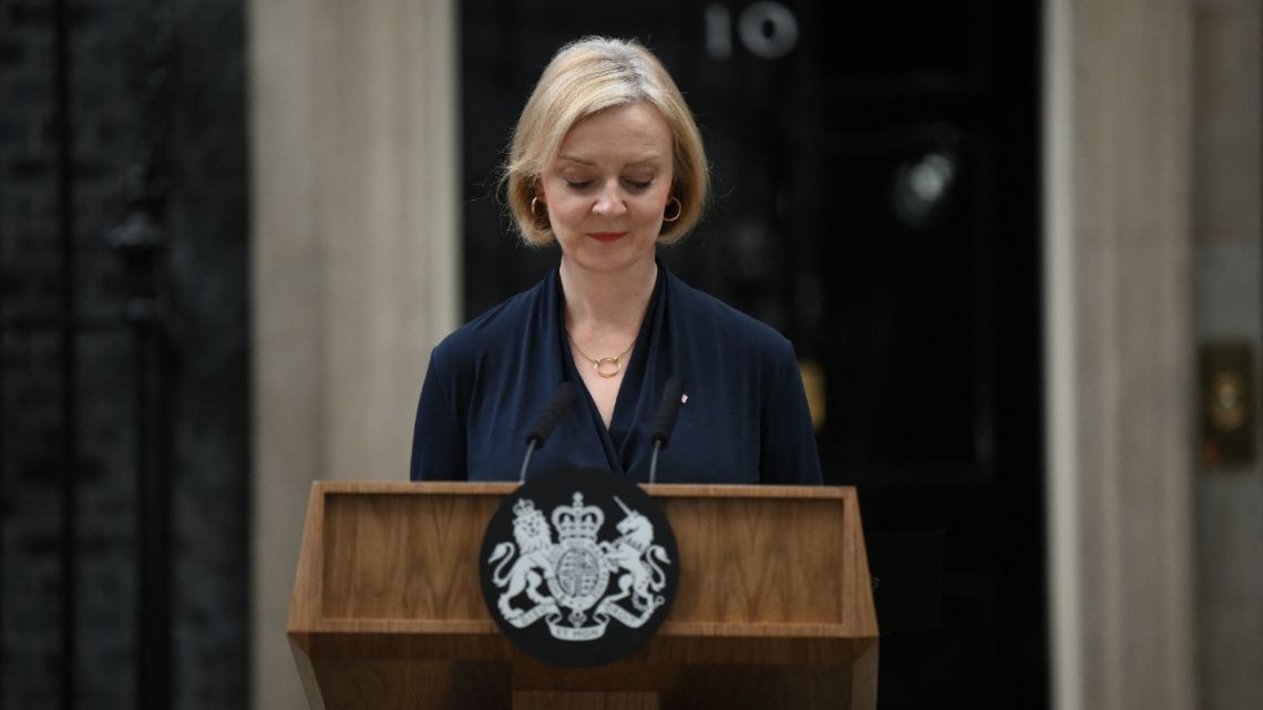 Britain's Prime Minister Liz Truss reacts as she delivers a speech outside of 10 Downing Street in central London on October 20, 2022 to announce her resignation.