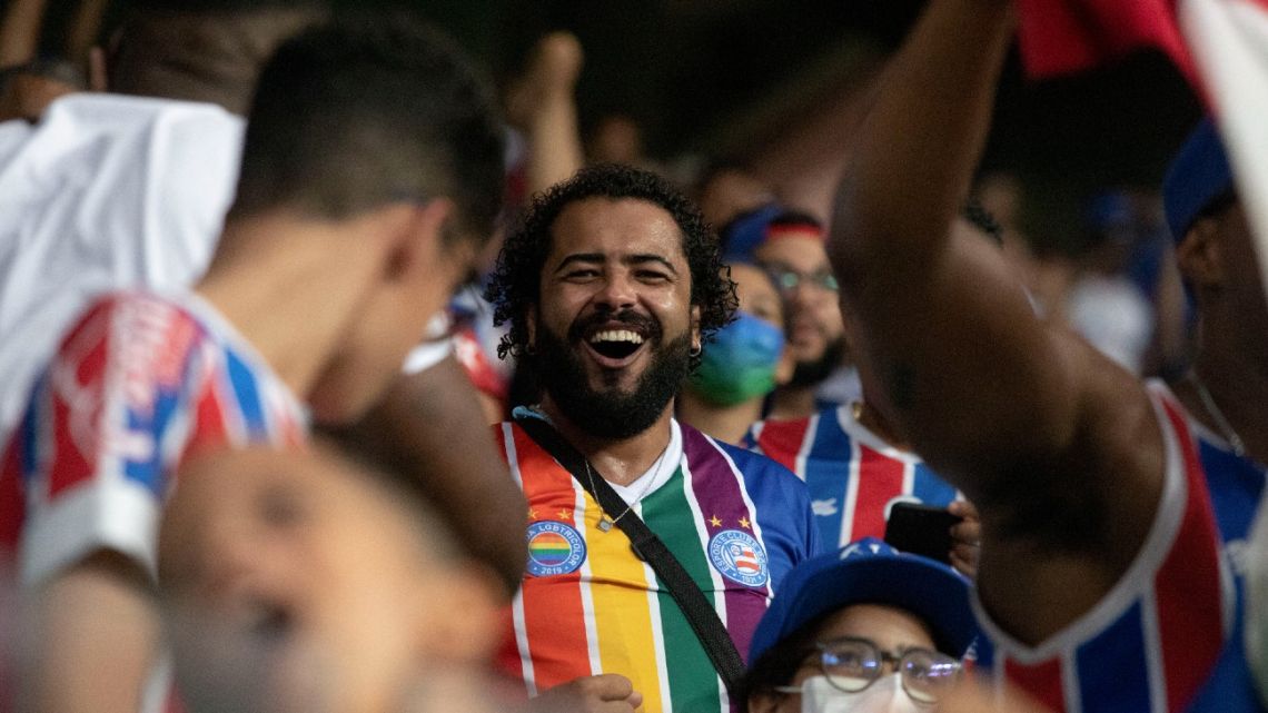 Ona Ruda, founder of the LGBTricolor Bahia supporters group and director of the National Union LGBT Bahia, cheers for his team during the Brazil's Second Division Football Championship match between Bahia and Operario at the Arena Fonte Nova stadium in Salvador, Bahia state, Brazil, on September 24, 2022.