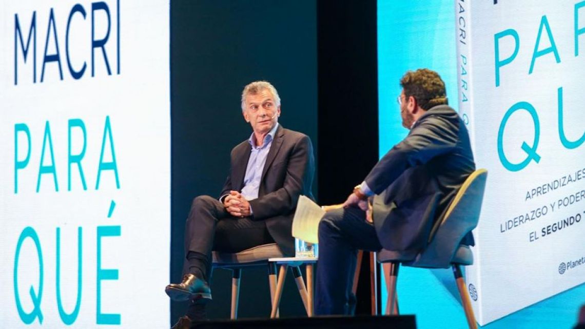 Former president Mauricio Macri speaks during an onstage interview at the La Rural exhibition centre in Palermo, Buenos Aires, promoting his latest book 'Para Qué', October 2022.