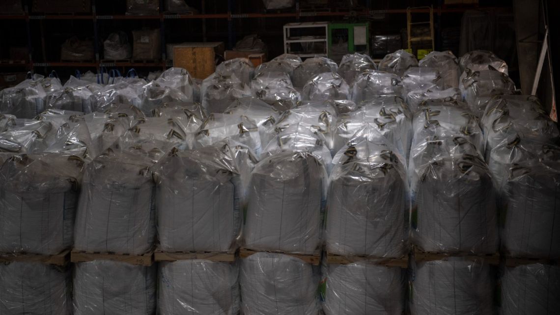 View of 500-kilogramme bags of lithium being stored at the El Carmen lithium processing plant of Chile's SQM (Sociedad Quimica Minera) in Antofagasta, Chile, on September 13, 2022. 