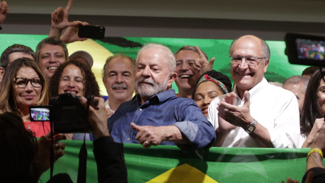 Luiz Inácio Lula da Silva, Brazil's president-elect, centre, poses for a photograph after winning the run-off presidential election in São Paulo, Brazil, on Sunday, October 30, 2022. 