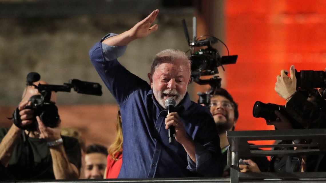 Brazilian president-elect for the leftist Workers' Party (PT) Luiz Inácio Lula da Silva delivers a speech to supporters at the Paulista Avenue after winning the presidential run-off election, in São Paulo, Brazil, on October 30, 2022. 