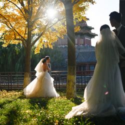 Dos parejas se preparan para posar para sus fotos de boda fuera de la Ciudad Prohibida en Beijing, China. | Foto:Wang Zhao / AFP