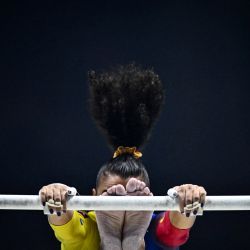 La venezolana Milca León compite durante la prueba de clasificación de barras asimétricas femeninas durante los Campeonatos del Mundo de Gimnasia en Liverpool, al norte de Inglaterra. | Foto:Ben Stansall / AFP