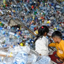 Unos niños juegan con botellas de plástico en un lugar de recogida de residuos en Banda Aceh, Indonesia. | Foto:CHAIDEER MAHYUDDIN / AFP