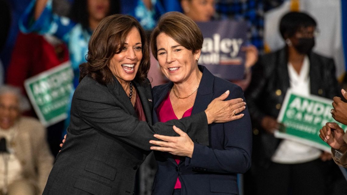 US Vice President Kamala Harris embraces Massachusetts Democratic gubernatorial candidate Maura Healey after addressing a 'Get Out the Vote' rally at the Reggie Lewis Track and Athletic Center at Roxbury Community College in Boston, Massachusetts, on November 2, 2022. If elected Maura Healey could become the first lesbian governor in the nation and first woman elected governor in Massachusetts. Joseph Prezioso / AFP