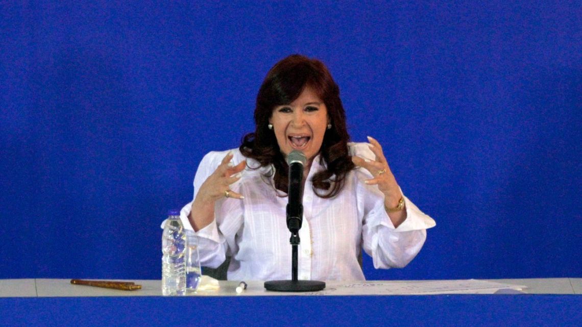 Vice-President Cristina Fernandez de Kirchner delivers a speech during a meeting organised by the Metallurgical Workers' Union (UOM) in Pilar, Buenos Aires Province, on November 4, 2022.