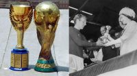Sepp Blatter, ex presidente de FIFA. La Copa Jules Rimet, primer trofeo del Mundial de Fútbol, la Copa del Mundo FIFA actual 20221108