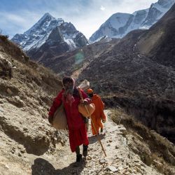 los sadhus, u hombres santos hindúes, caminan por un sendero paralelo al río Baghirati, una de las dos cabeceras del río Ganges, a lo largo de un valle del Parque Nacional de Gangotri. | Foto:XAVIER GALIANA / AFP