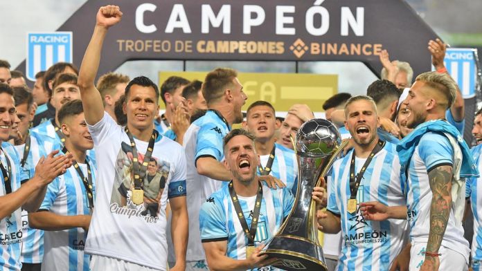 Racing Club players celebrate with their national league trophy after  defeating Defensa y Justicia in Buenos Aires, Argentina, Sunday, April 7,  2019. Racing Club, one of the five giants of Argentinian soccer