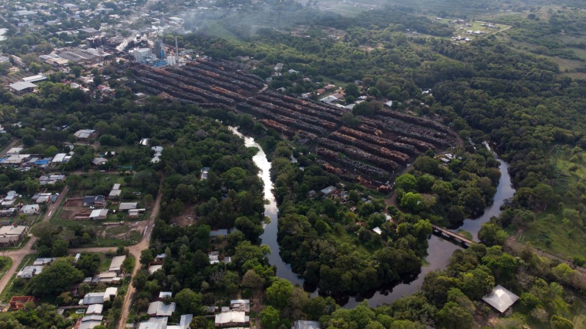 Aerial view of a wood processing factory in Resistencia, Chaco Province, Argentina, taken on October 26, 2022. Deforestation is devouring the second most important biome in South America, the Gran Chaco indigenous forest.