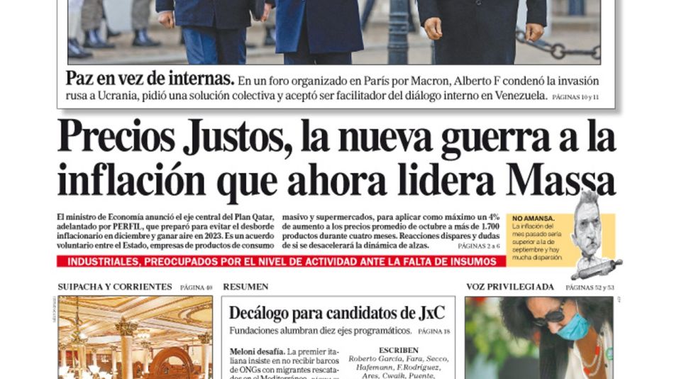 La tapa del Diario PERFIL del sábado 12 de noviembre de 2022