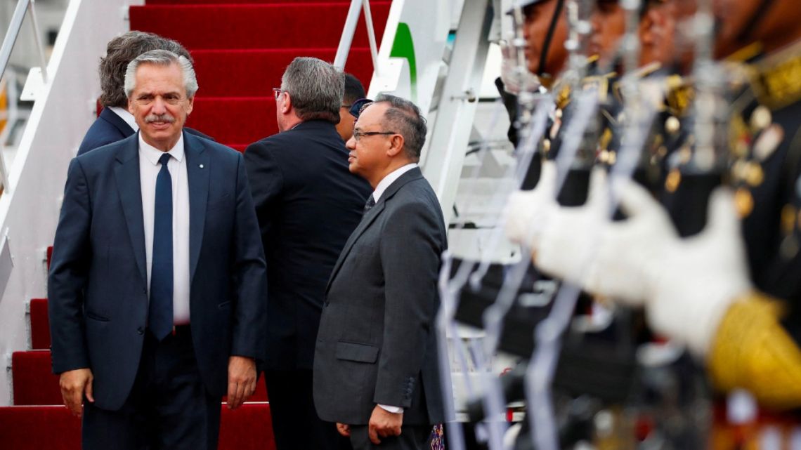 President Alberto Fernández arrives at Ngurah Rai International Airport ahead of the G20 Summit in Bali, Indonesia November 14, 2022. 