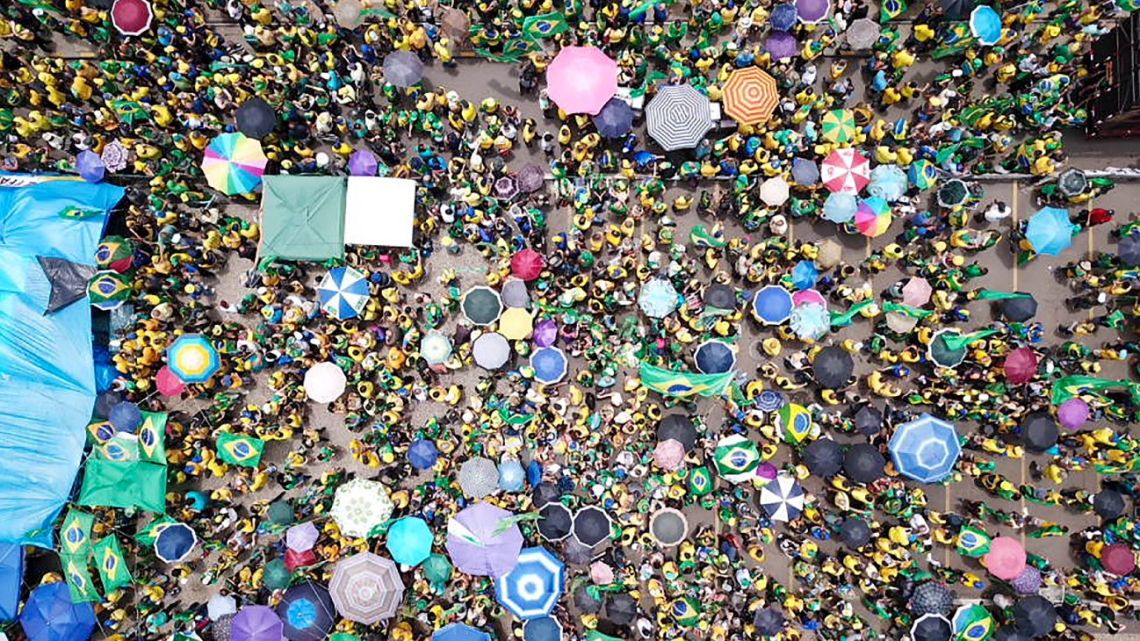 Aerial view of supporters of Brazilian President Jair Bolsonaro during a demonstration to ask for federal intervention in front of the central Duque de Caxias garrison in Rio de Janeiro, Brazil, taken on November 15, 2022. 