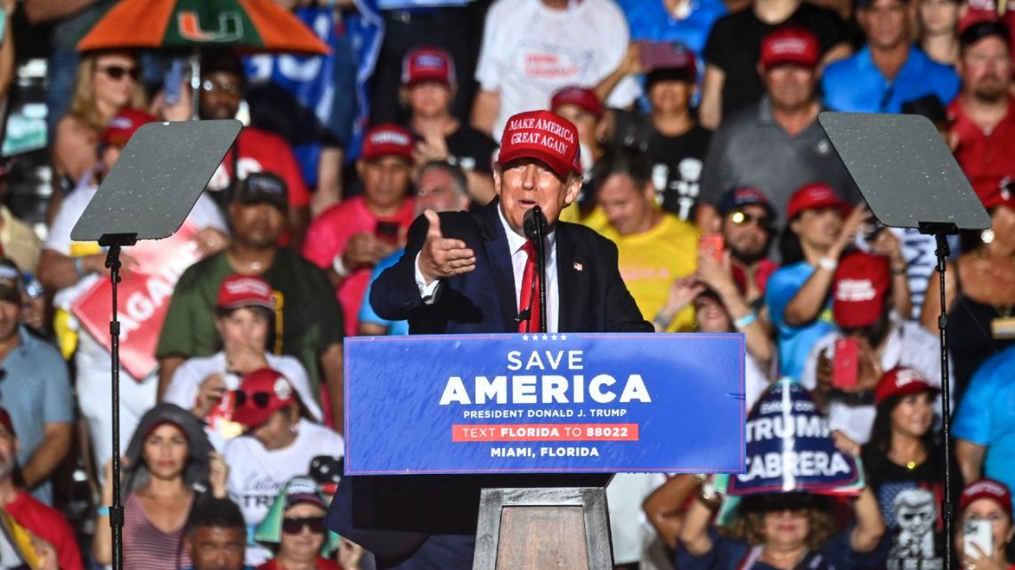 Former US President Donald Trump speaks during a "Save America" rally in Florida.