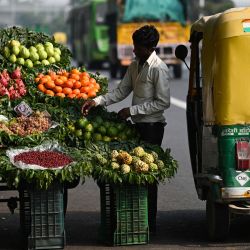 Un vendedor clasifica frutas junto a su furgoneta en una calle de Nueva Delhi, India. | Foto:Sajjad Hussain / AFP