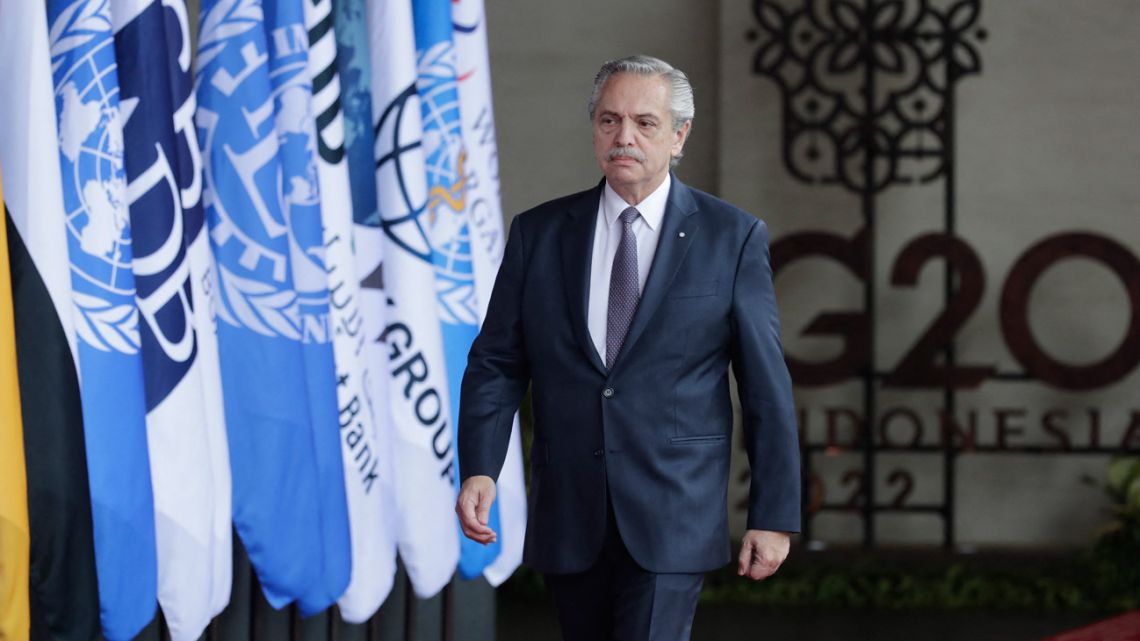 Argentina's President Alberto Fernández arrives for the G20 Leaders' Summit in Nusa Dua, on the Indonesian resort island of Bali on November 15, 2022. 